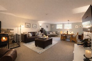 Smart TV, fireplace, books