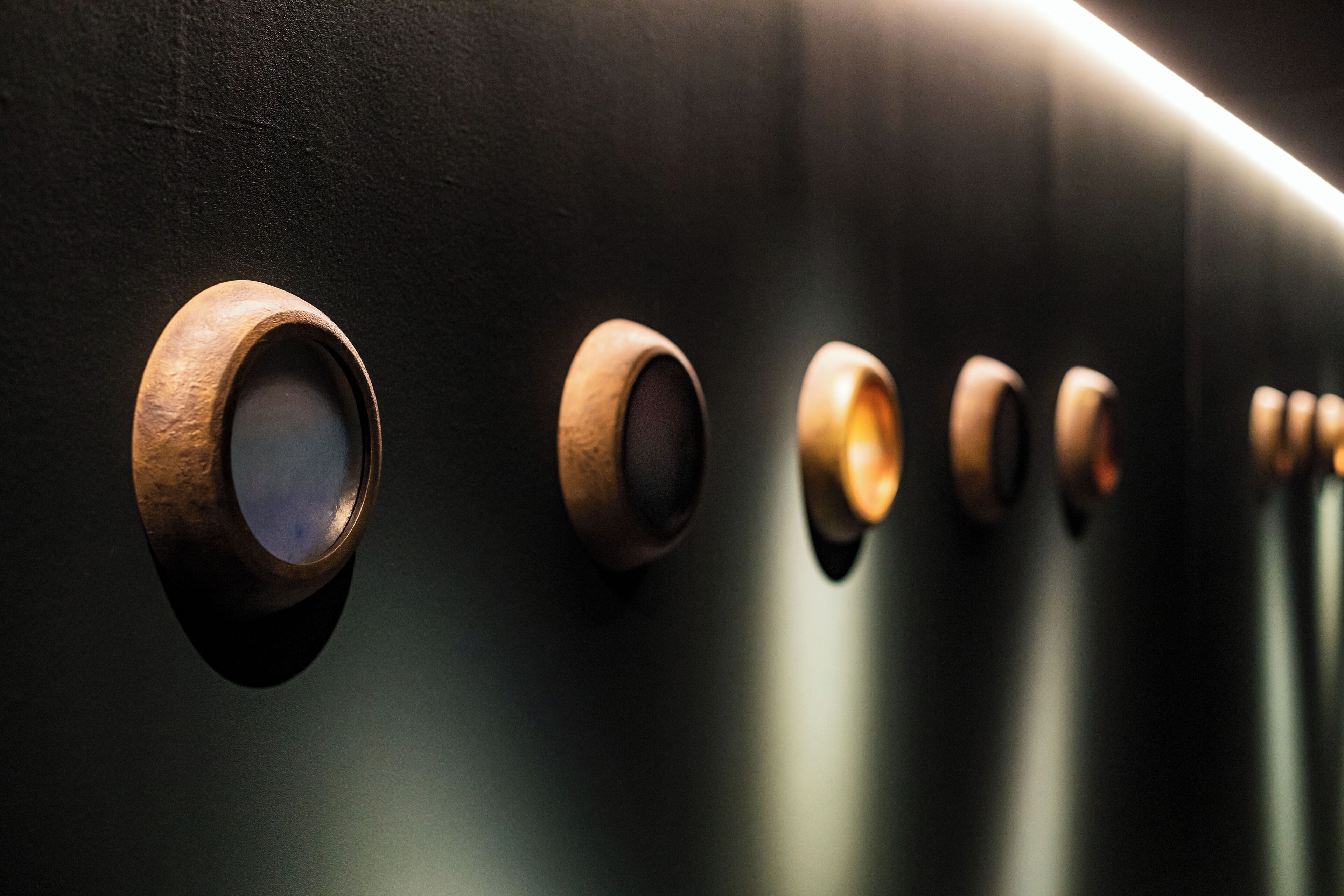 A row of circular wooden handles on a dark wall.