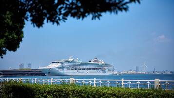 Un gran crucero amarrado en un puerto, con un horizonte urbano y aerogeneradores al fondo.