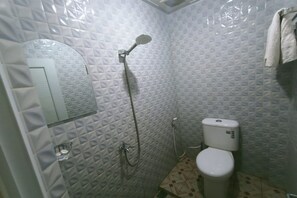 Un bagno con doccia, WC e specchio.