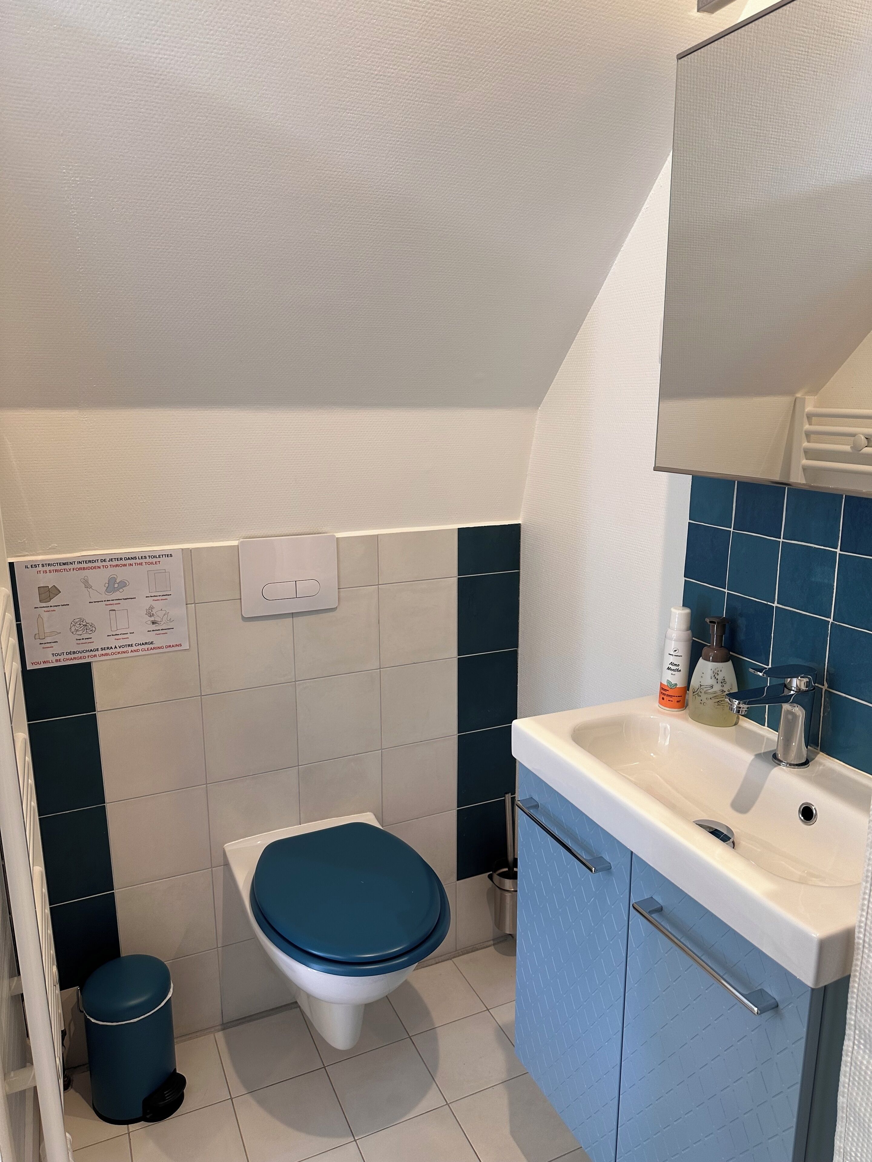 A bathroom with a toilet, sink, and trash bin.