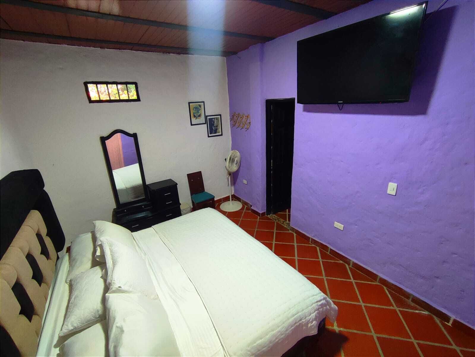 A bedroom with a bed, a dresser, a mirror, a TV, and a fan.