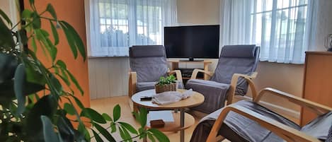 Ein Wohnzimmer mit einer Couch, einem Fernseher und einem Tisch mit einer Pflanze.