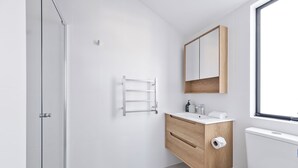 Une salle de bain moderne avec une porte de douche en verre, un meuble-lavabo en bois avec un miroir et des toilettes.