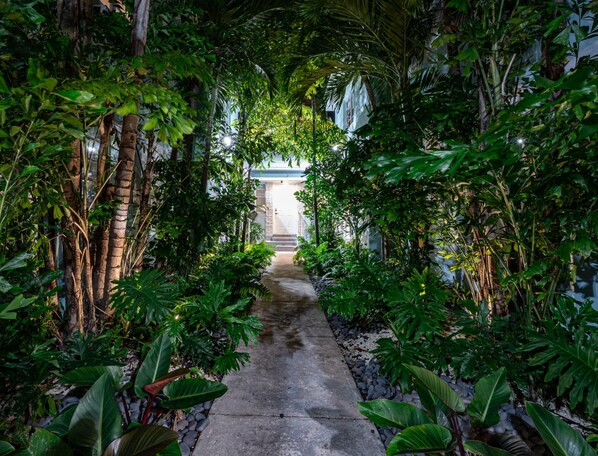 A pathway flanked by lush greenery leading to a building with a white facade and a stone entrance.