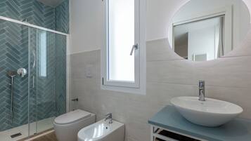 Shower, hair dryer, bidet, towels