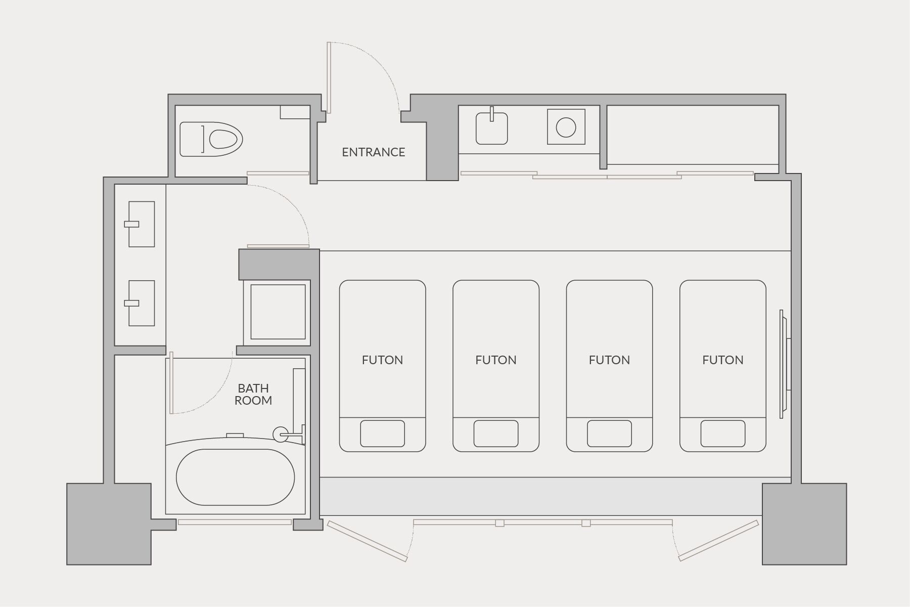 A floor plan of a hotel with an entrance, a bathroom, and four futons labeled as 'FUTON'.