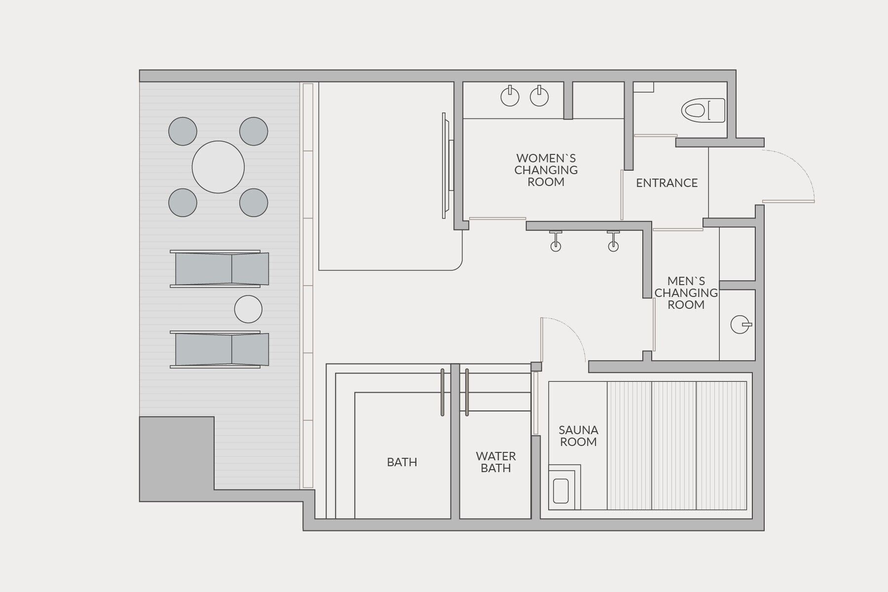 Plano de planta que muestra un vestuario de mujeres, un vestuario de hombres, entrada, sala de sauna, baño de agua y una tina.