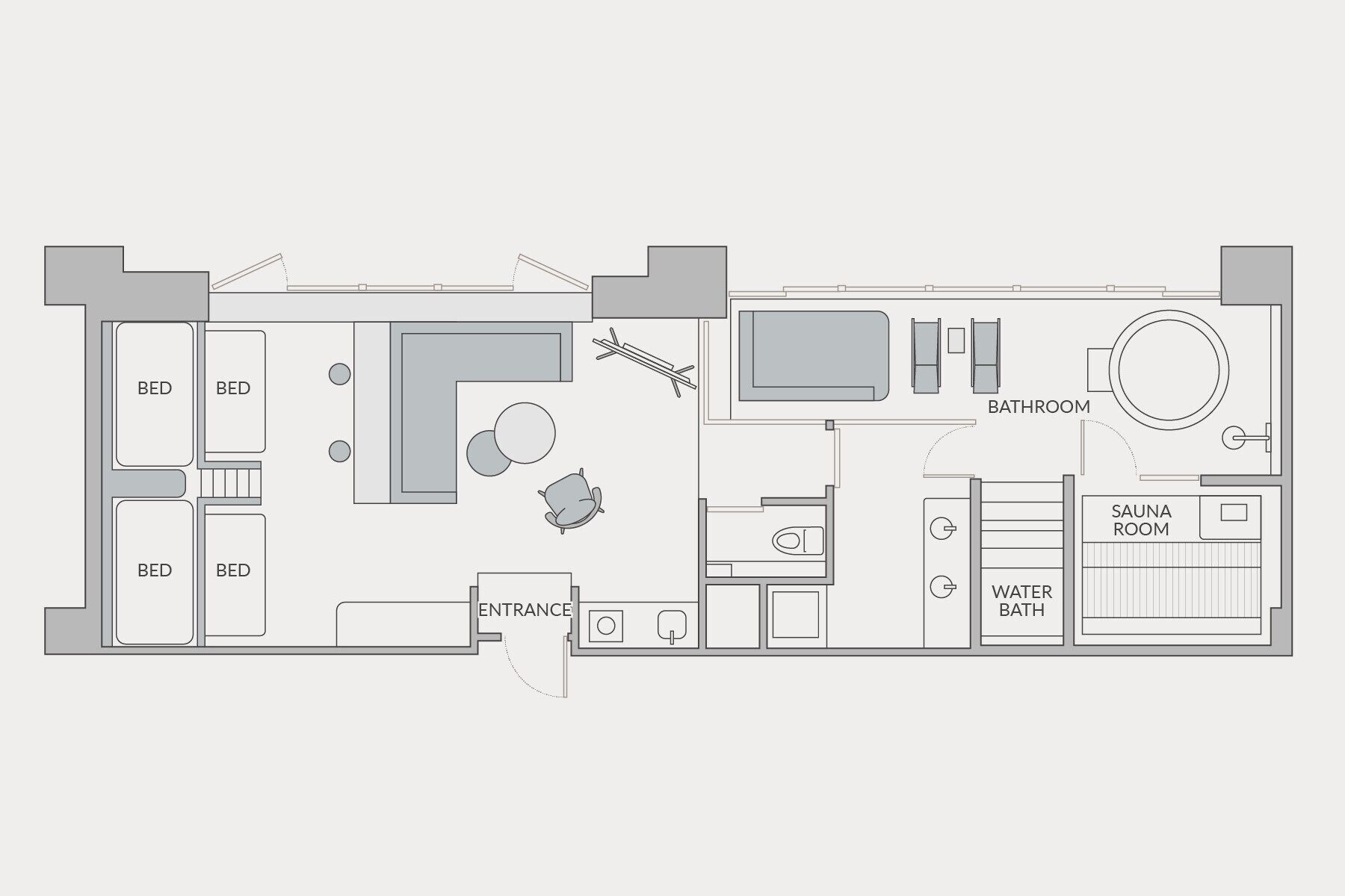 A floor plan of a hotel room with four beds, a bathroom, a sauna room, a water bath, and an entrance.