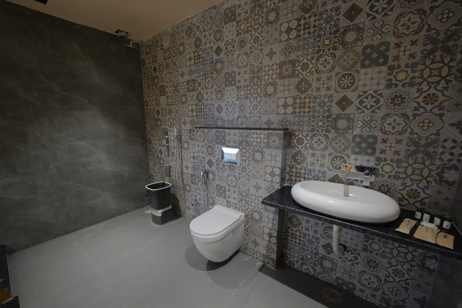 A bathroom with a toilet, a sink, and a shower area.