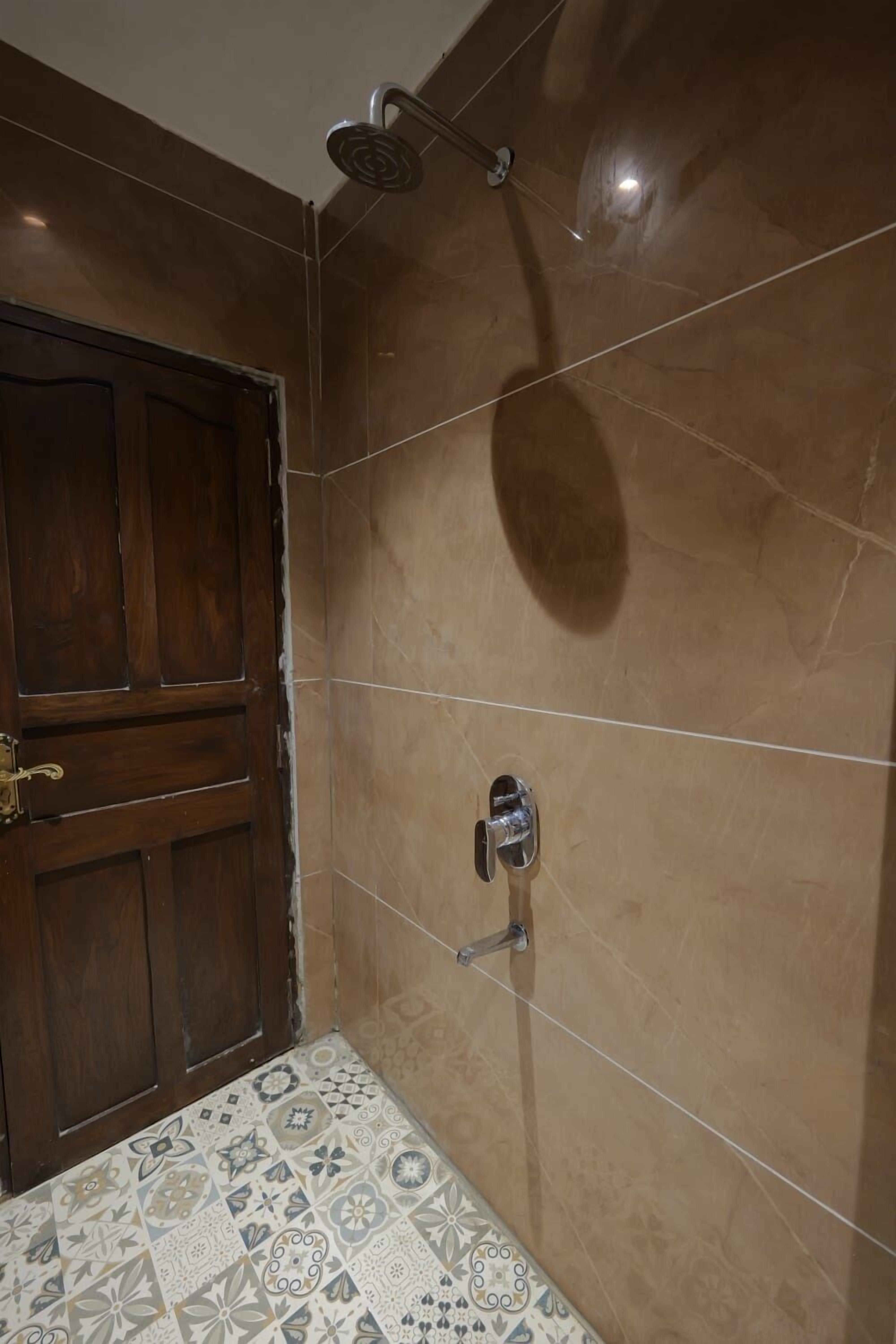A bathroom with a shower, a wooden door, and patterned floor tiles.