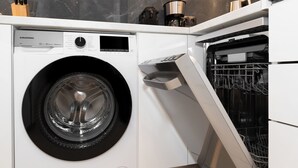 A modern washing machine and dishwasher in a kitchen.