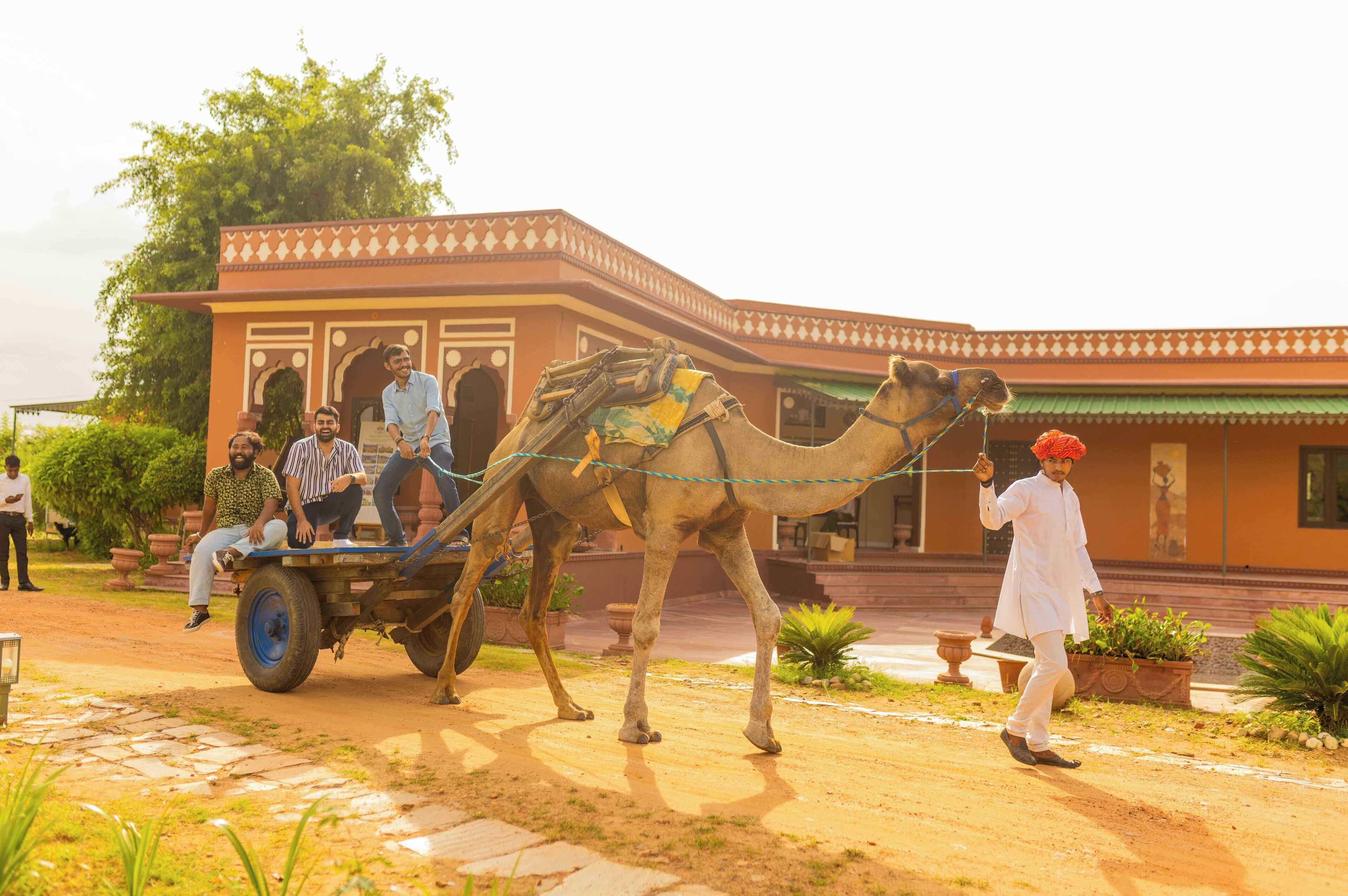 A camel pulling a cart with passengers, a person leading the camel, and a building with traditional architecture in the background.