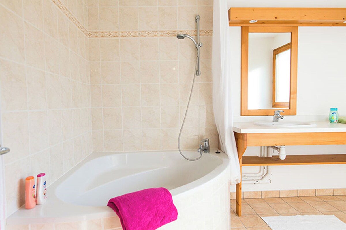 Un baño con bañera, ducha, lavabo y espejo.