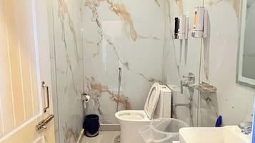 Douche, chaussons, serviettes fournies, savon