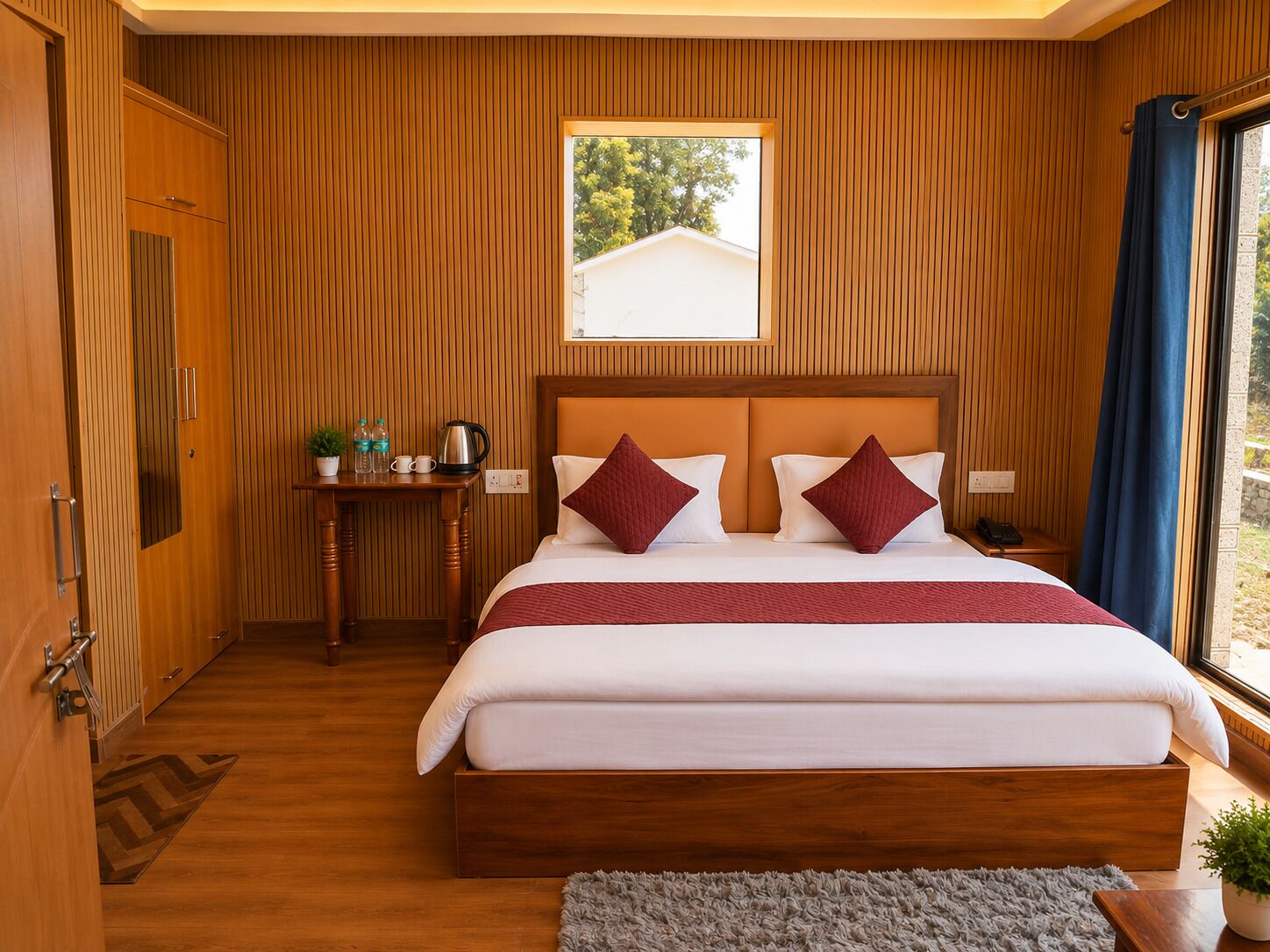 A wooden-paneled room with a bed, a small table with a kettle, and a window with a view.