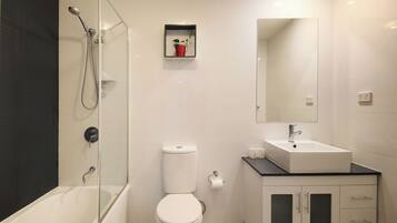 Hair dryer, towels, soap, shampoo