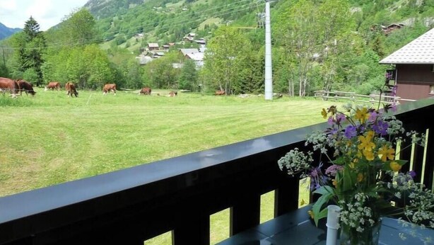 Vista desde un balcón con una mesa y un florero, con un campo verde y vacas y casas al fondo.