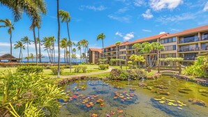 A hotel with a large pool surrounded by tropical plants and palm trees.