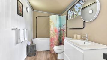 Shower, hair dryer, shampoo