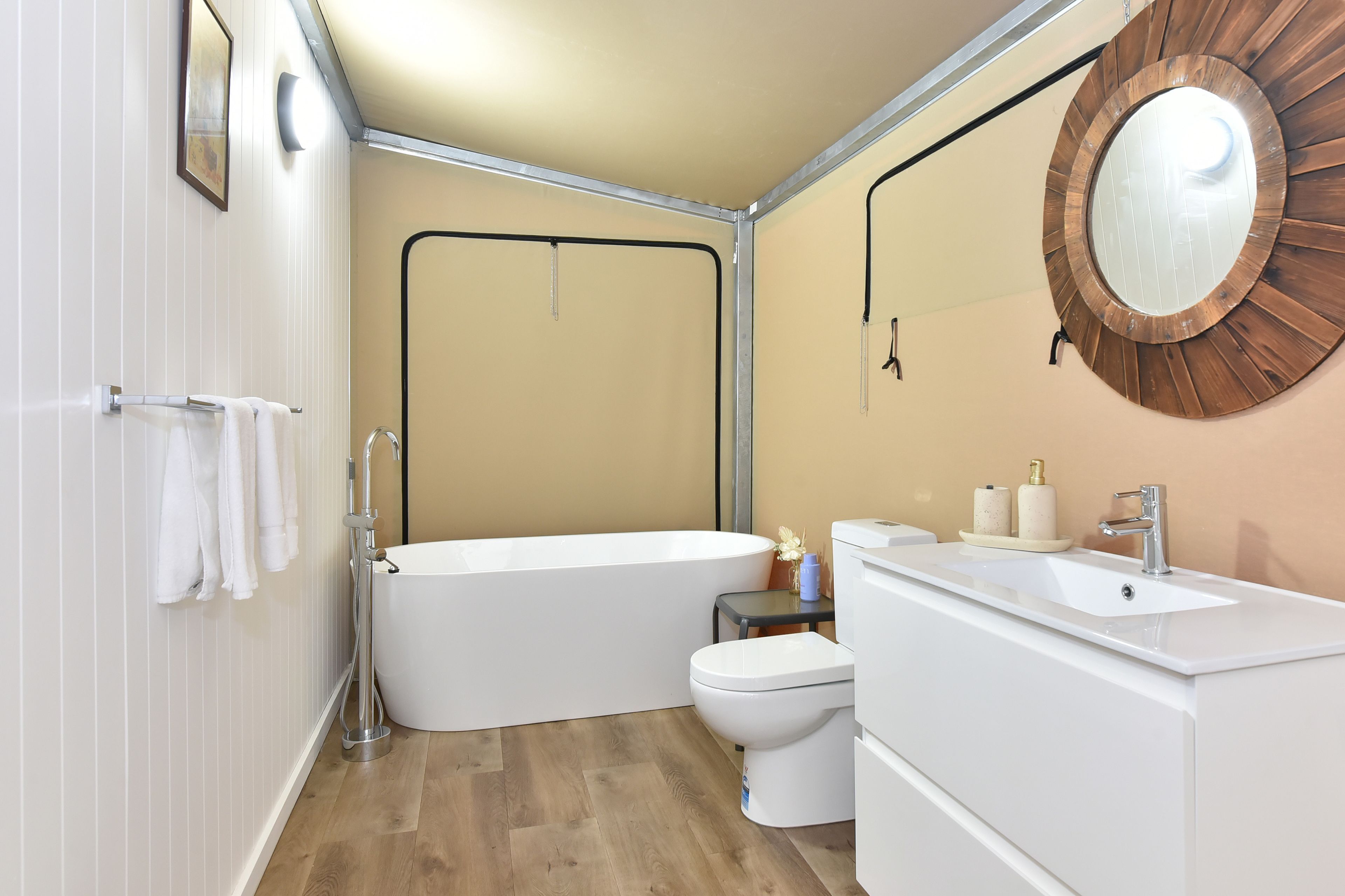 Shower, hair dryer, shampoo