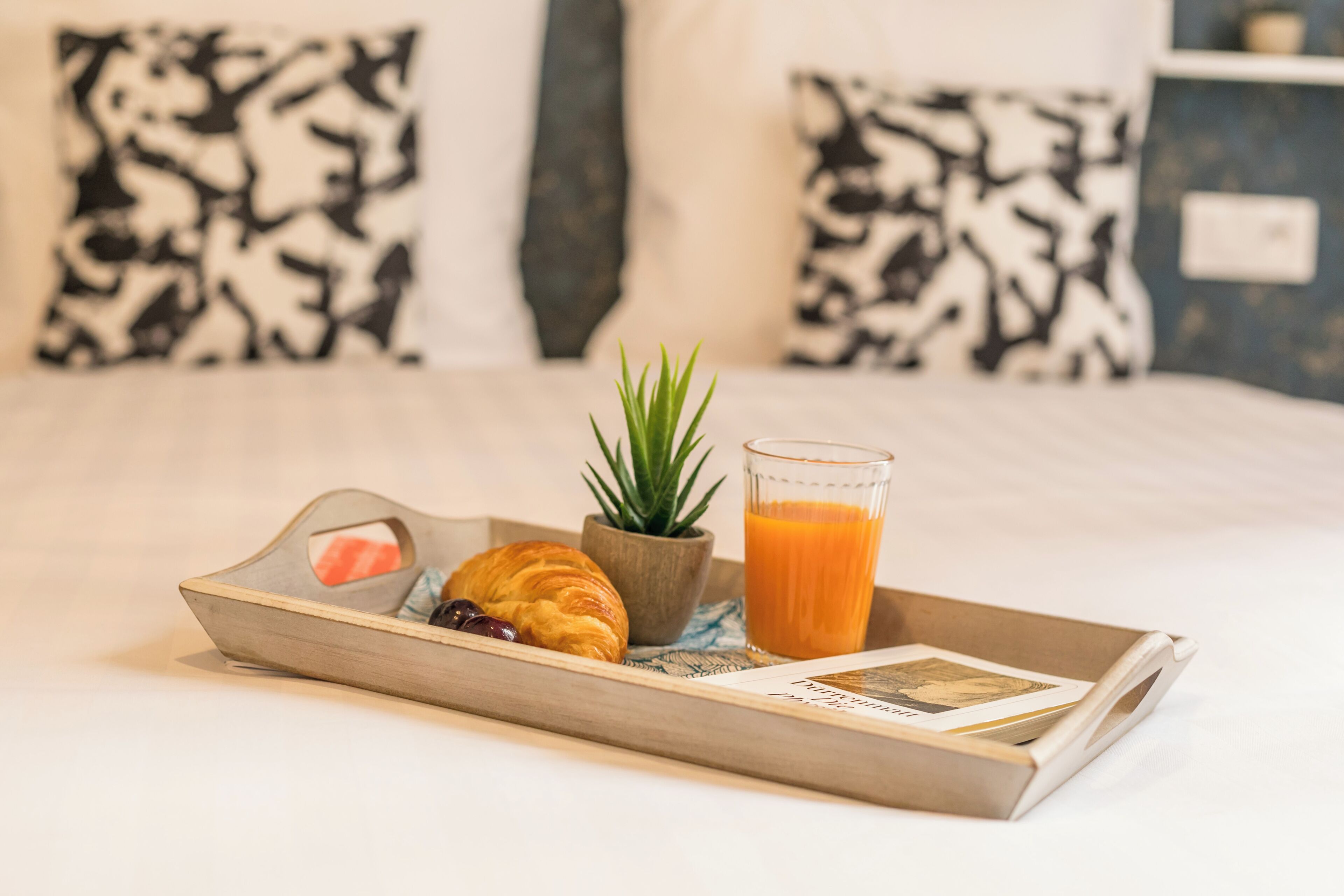 A breakfast tray with croissants, a small plant, and a glass of orange juice on a bed.