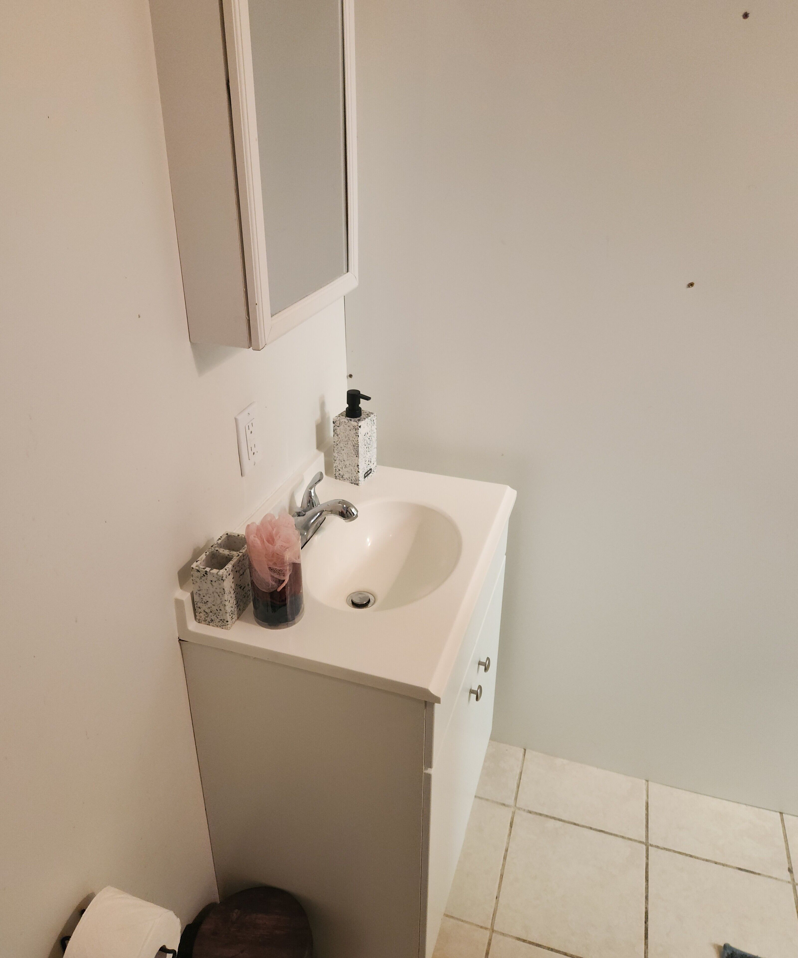 Un bagno con un lavandino bianco, uno specchio sopra, un dispenser di sapone e un cestino dei rifiuti.
