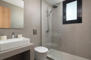 Douche, sèche-cheveux, serviettes fournies, savon