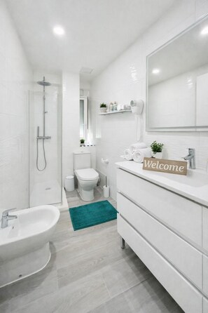 Shower, hair dryer, bidet, towels