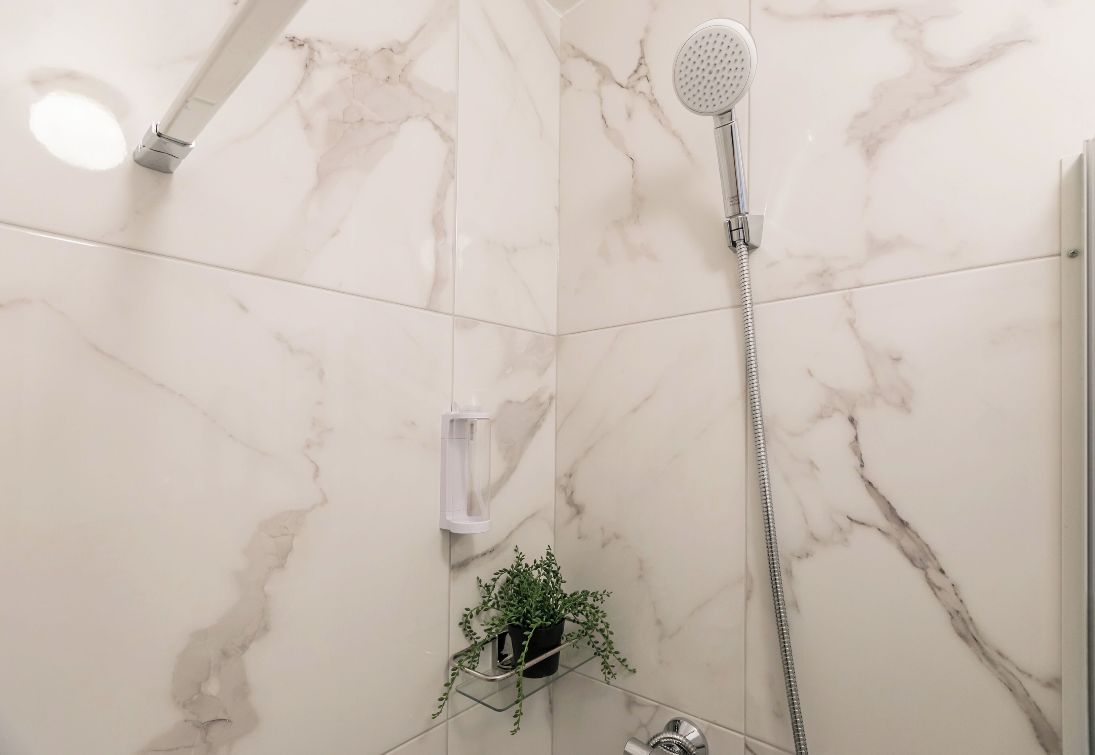 Un baño con ducha, paredes de mármol, una repisa de cristal con una planta y un cabezal de ducha manual.