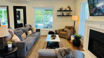 Smart TV, fireplace, books, computer monitors