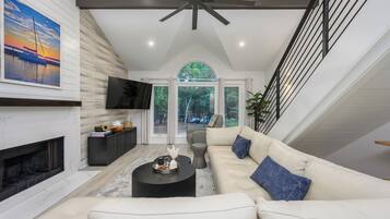 Smart TV, fireplace, books