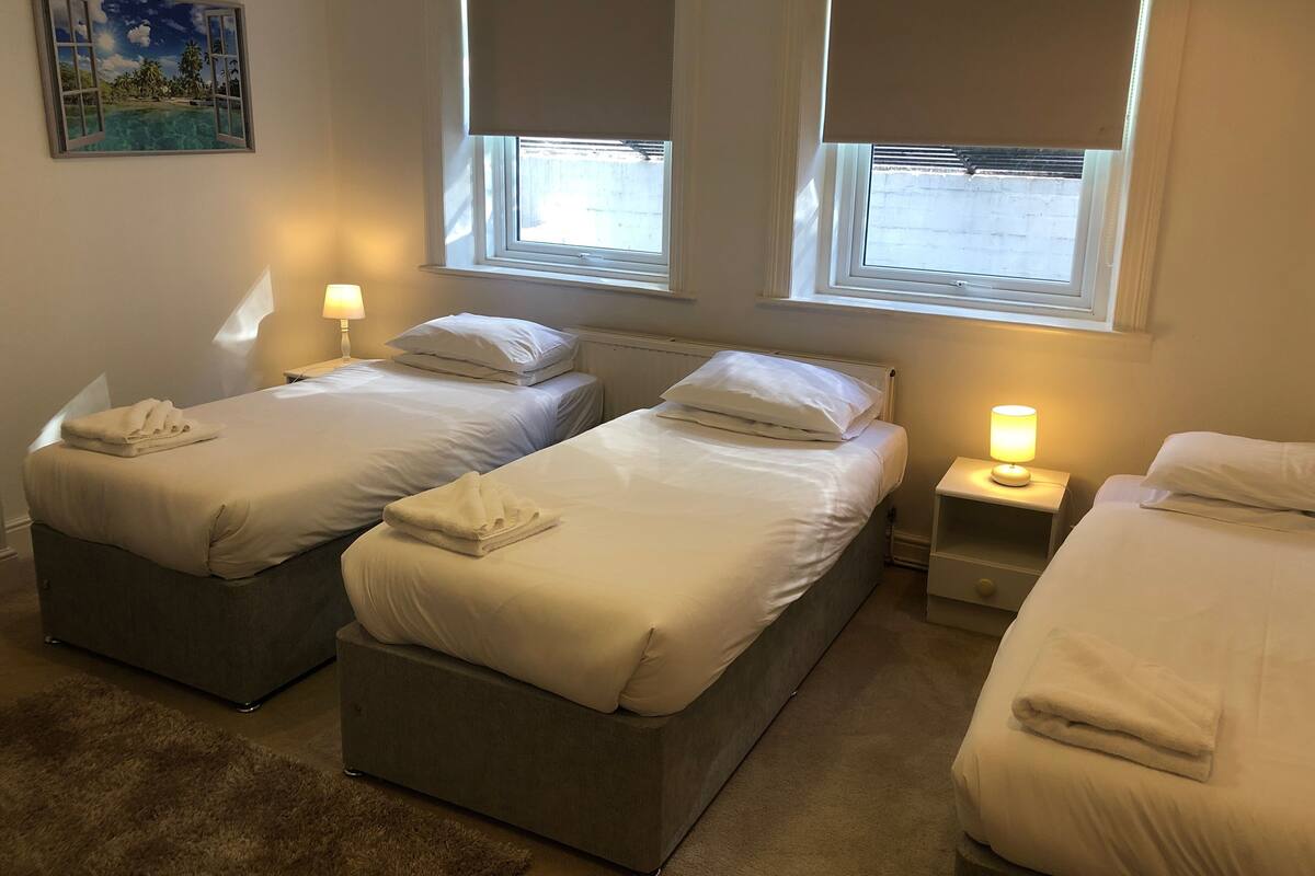A hotel room with two single beds, a nightstand with a lamp, a painting on the wall, and a view of the street through the window blinds.