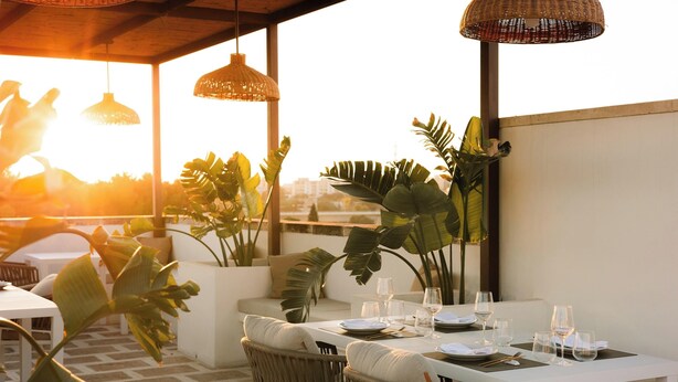 An outdoor dining area with a white table set for four, surrounded by wicker chairs and large tropical plants.