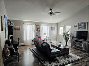 Smart TV, fireplace, DVD player, books