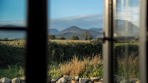 A view through a window of a rural landscape with mountains, a stone wall, and a grassy field. - Shephards Hut in the Mournes with Private Hot Tub- The Robins Nest at Willowtree (Annalong)