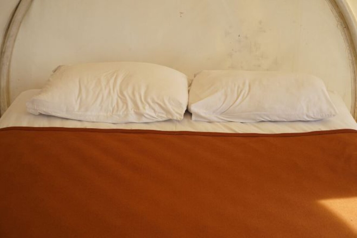 Un lit avec deux oreillers et une couverture marron.