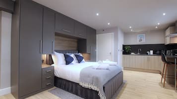 A modern bedroom with a large bed, built-in wardrobe, and a separate kitchenette area.
