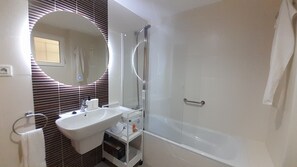 Hair dryer, bidet, towels, soap