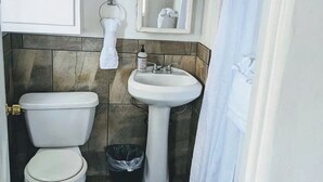 Un baño con inodoro, lavamanos y espejo.