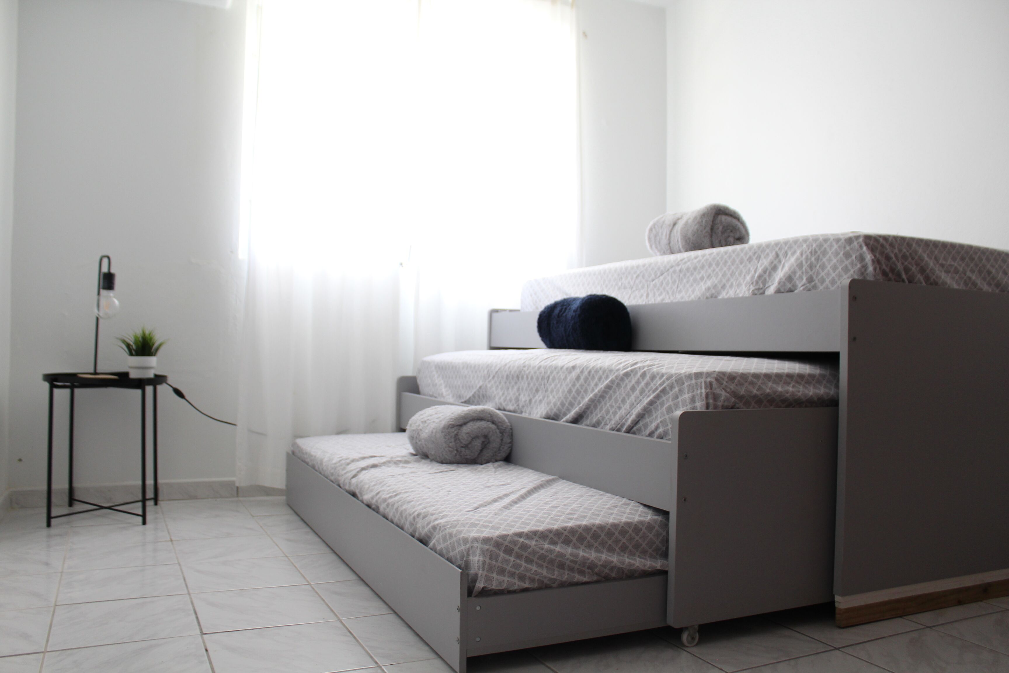 Uma cama beliche com escrivaninha extensível e um vaso com planta.