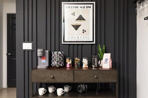 Self-serve coffee and tea bar with a Keurig machine, assorted pods - Joshua Tree Oasis • Pickleball • Pool • Dome (Joshua Tree)