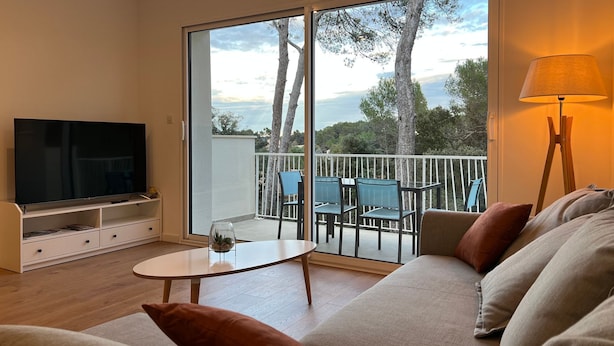 A modern living room with a flat-screen TV, a sofa, a coffee table, and a balcony with chairs. - La Pascaline, Appt 47m² 1er Étage Avec Belle vue (Saint-Clément-de-Rivière)