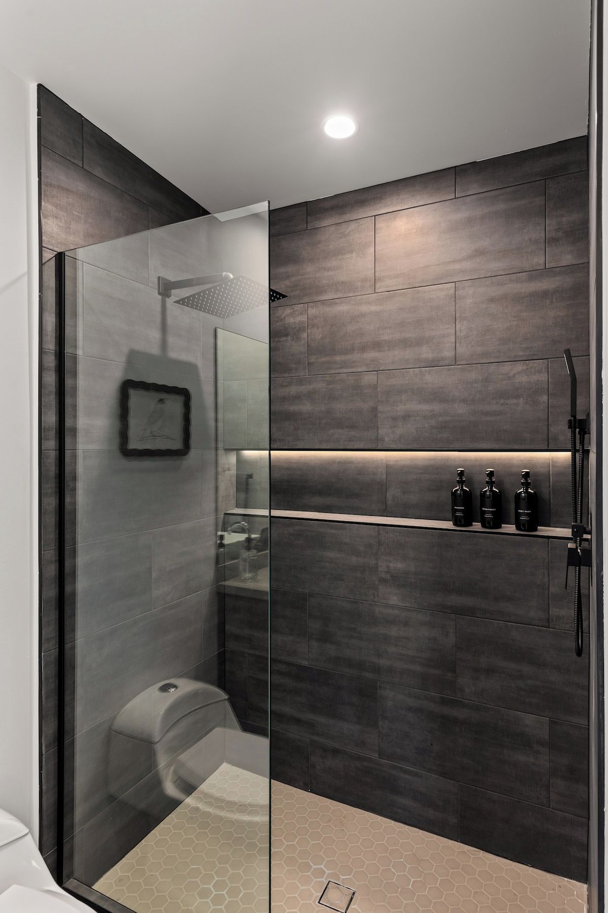 A modern bathroom with a glass shower enclosure, a toilet, and a vanity with a mirror.