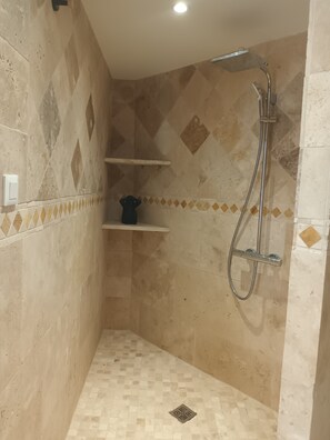 Shower, hair dryer, towels, soap