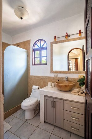 Hair dryer, towels, soap, toilet paper