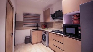 Une cuisine compacte équipée d’un lave-linge, d’un four à micro-ondes et d’un petit évier.