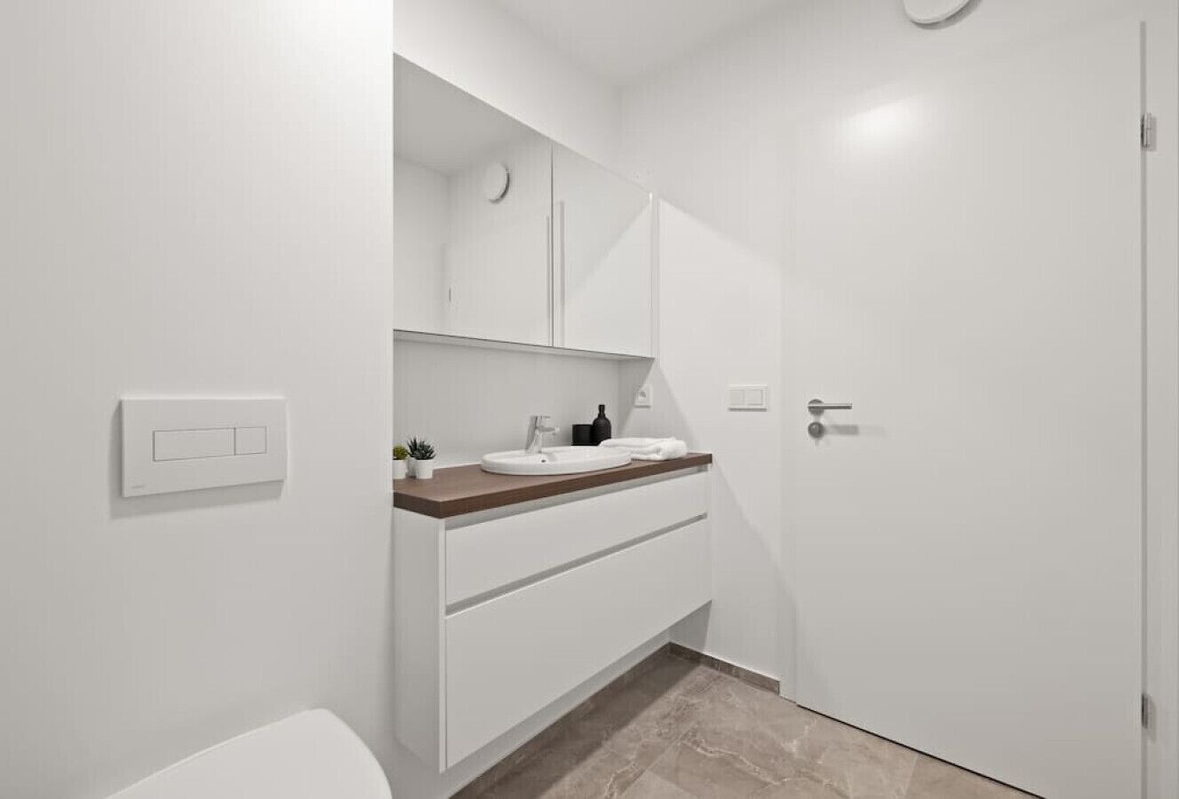 Ein modernes Badezimmer mit einem weißen Waschbecken, einer Arbeitsplatte und Schränken.