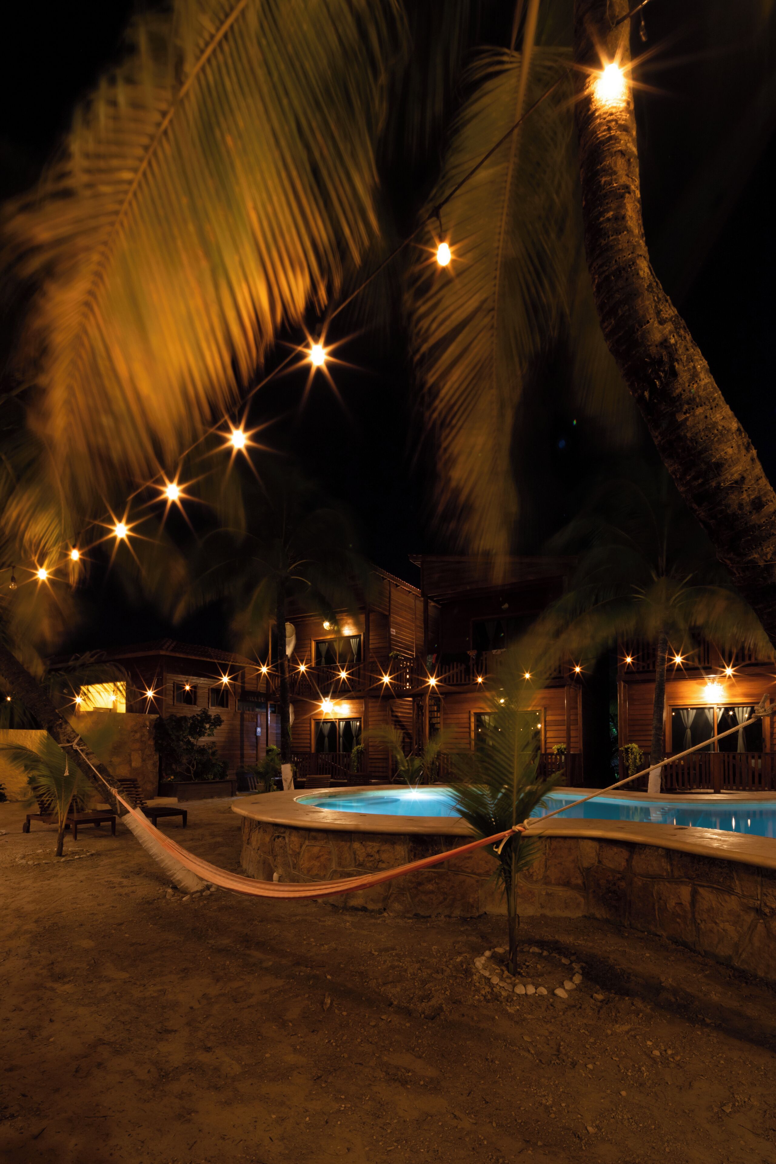 A pool area with a hammock, palm trees, and a building with multiple windows and lights.