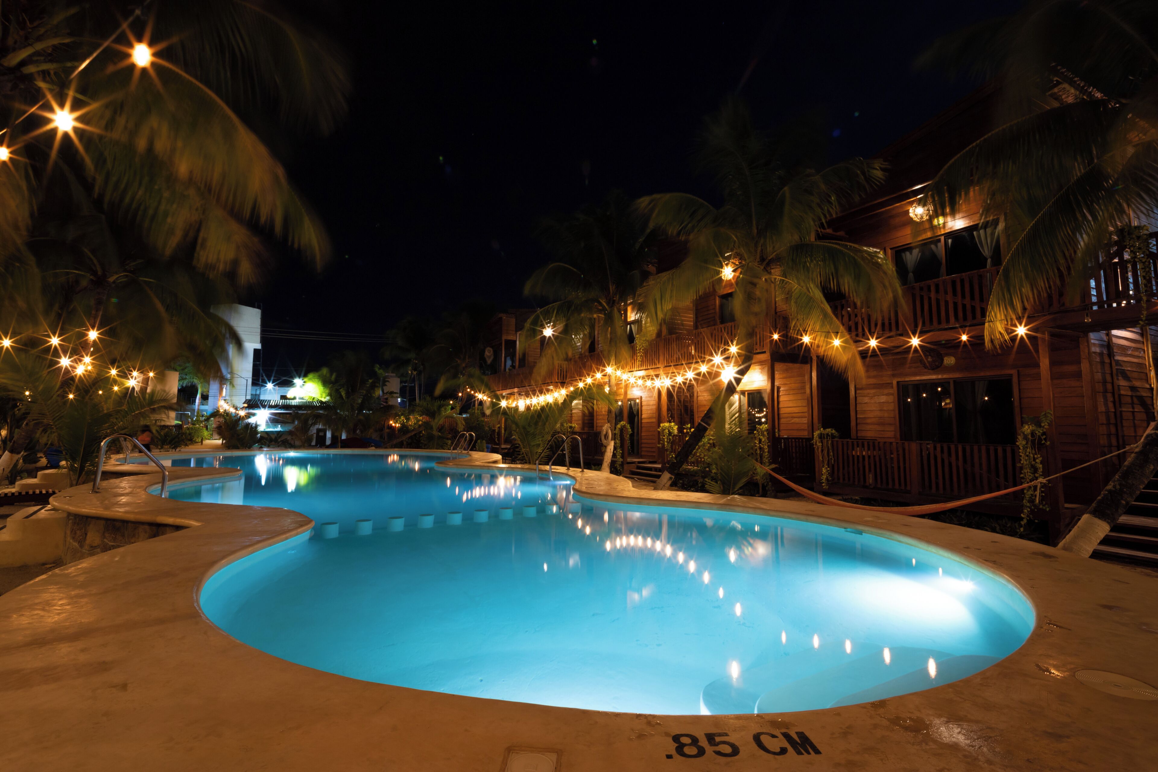 A swimming pool surrounded by palm trees and a wooden building with a balcony.